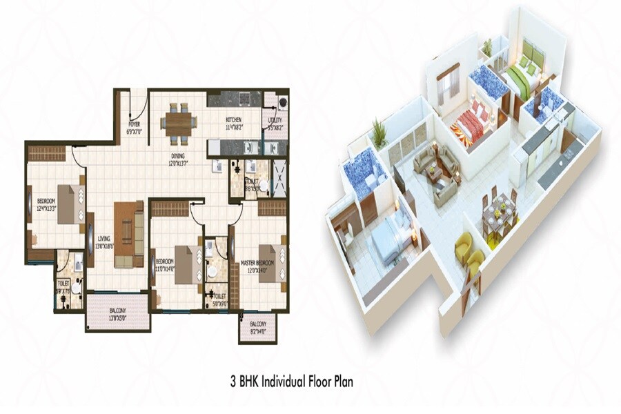 Floor plan of 3 BHK 1965 Sq. Ft. Apartment in Master Royal Meenakshi, Bangalore
