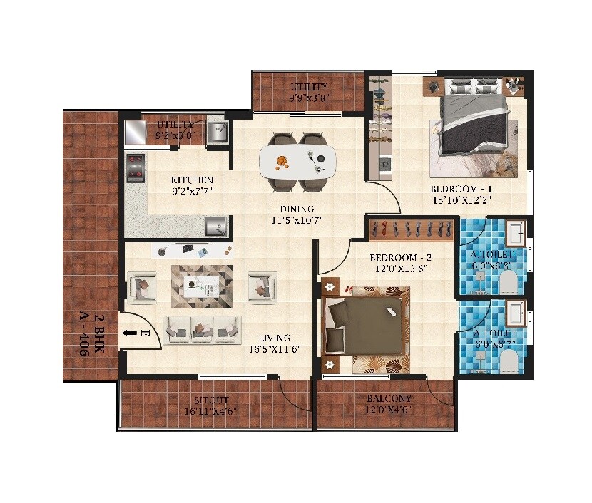 Floor plan of 2 BHK 1130 Sq. Ft. Apartment in Mathapathi Grand Field, Bangalore