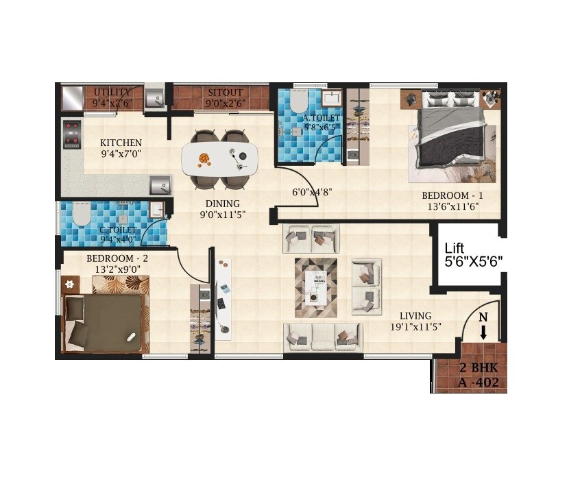 Floor plan of 2 BHK 970 Sq. Ft. Apartment in Mathapathi Grand Field, Bangalore