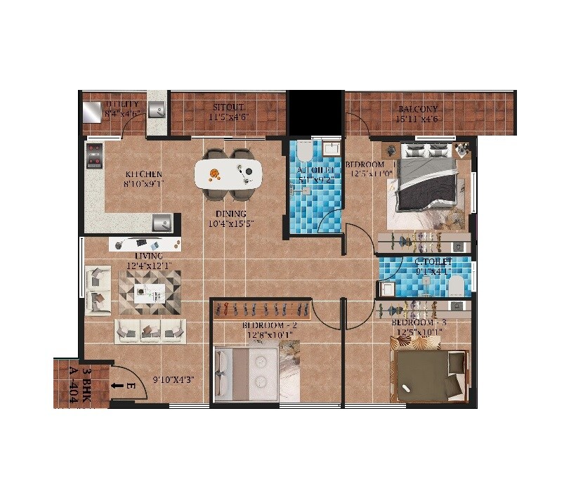 Floor plan of 3 BHK 1265 Sq. Ft. Apartment in Mathapathi Grand Field, Bangalore