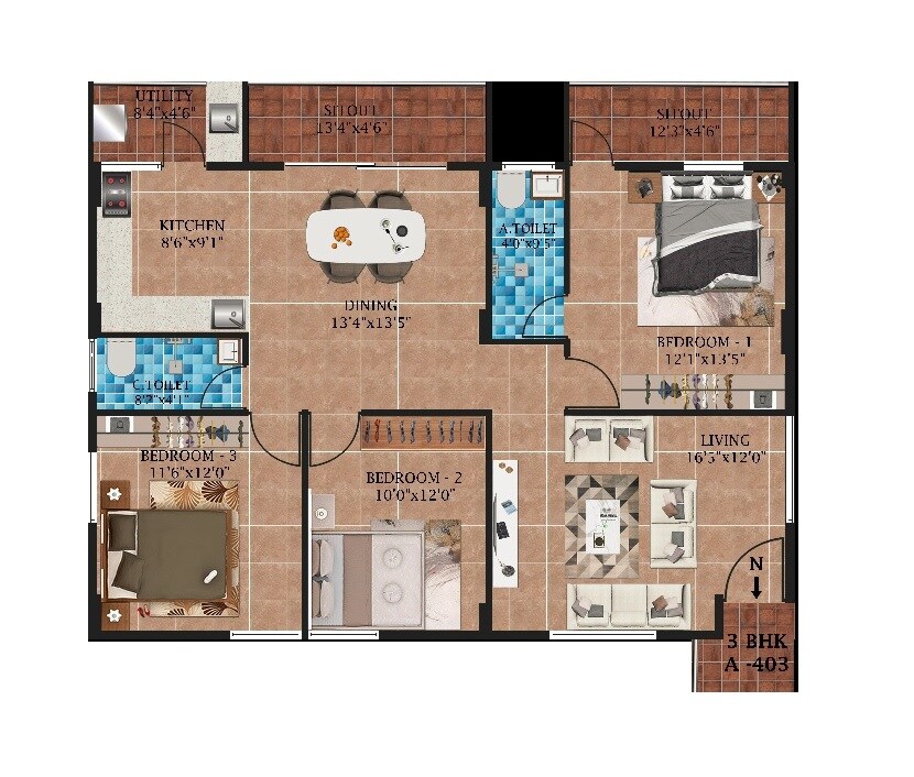Floor plan of 3 BHK 1885 Sq. Ft. Apartment in Mathapathi Grand Field, Bangalore