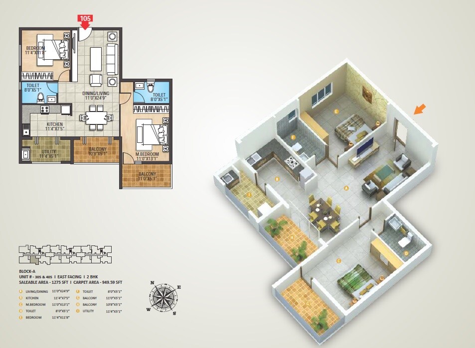 Floor plan of 2 BHK 1275 Sq. Ft. Apartment in Mathrusris Sai Sanvi Grandeur, Bangalore