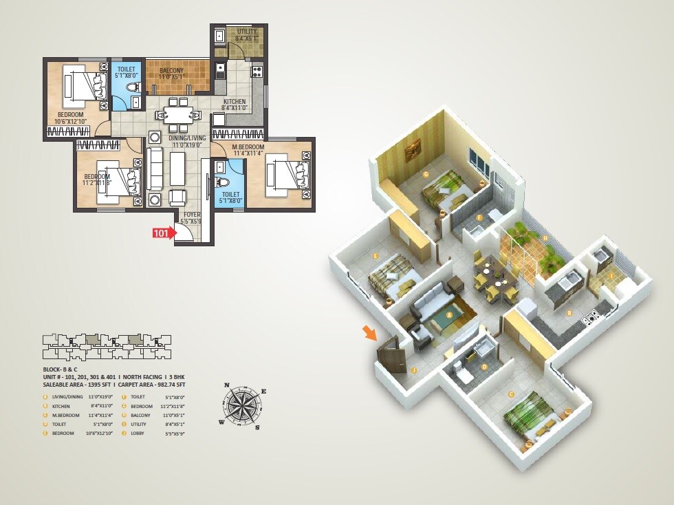 Floor plan of 3 BHK 1395 Sq. Ft. Apartment in Mathrusris Sai Sanvi Grandeur, Bangalore