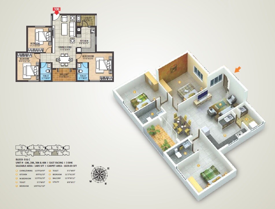 Floor plan of 3 BHK 1405 Sq. Ft. Apartment in Mathrusris Sai Sanvi Grandeur, Bangalore