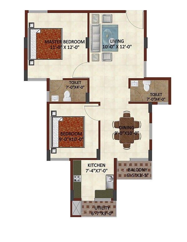 Floor plan of 2 BHK 900 Sq. Ft. Apartment in Max Madhura, Bangalore