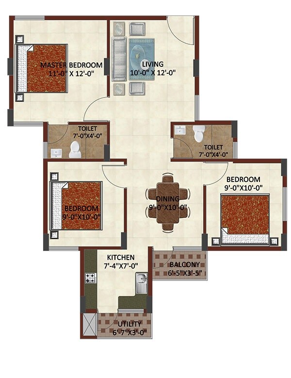 Floor plan of 3 BHK 1352 Sq. Ft. Apartment in Max Madhura, Bangalore