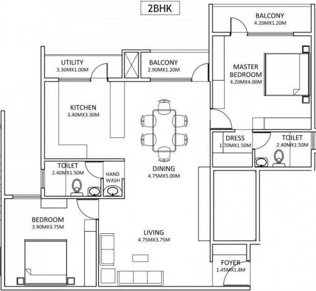 Floor plan of 2 BHK 1330 Sq. Ft. Apartment in Max Meridian, Bangalore