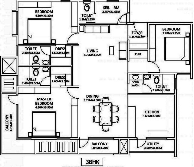 Floor plan of 3 BHK 1715 Sq. Ft. Apartment in Max Meridian, Bangalore