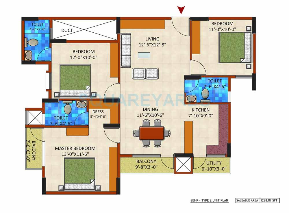 Floor plan of 3 BHK 1288 Sq. Ft. Apartment in Maxworth City, Bangalore
