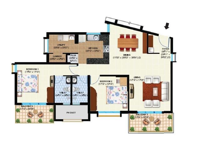 Floor plan of 2 BHK 1622 Sq. Ft. Apartment in Maya Indradhanush, Bangalore