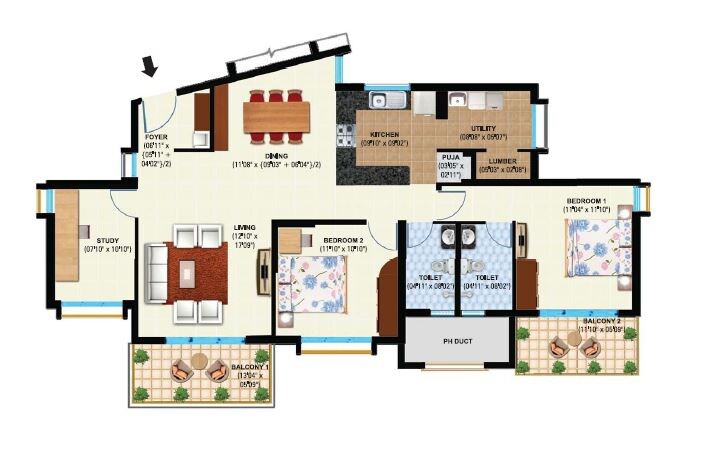 Floor plan of 2 BHK 1753 Sq. Ft. Apartment in Maya Indradhanush, Bangalore