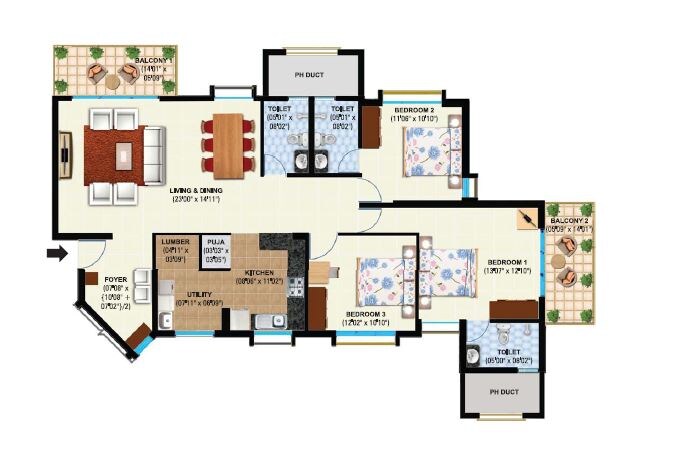 Floor plan of 3 BHK 2080 Sq. Ft. Apartment in Maya Indradhanush, Bangalore
