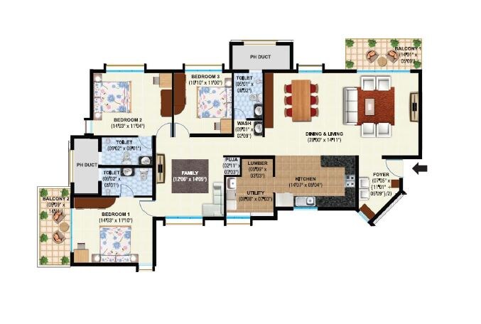 Floor plan of 3 BHK 2473 Sq. Ft. Apartment in Maya Indradhanush, Bangalore