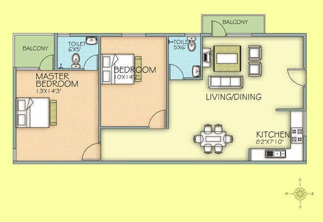 Floor plan of 2 BHK 1105 Sq. Ft. Apartment in Mayur Paradise, Bangalore