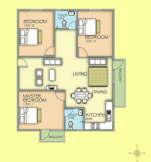 Floor plan of 3 BHK 1290 Sq. Ft. Apartment in Mayur Paradise, Bangalore