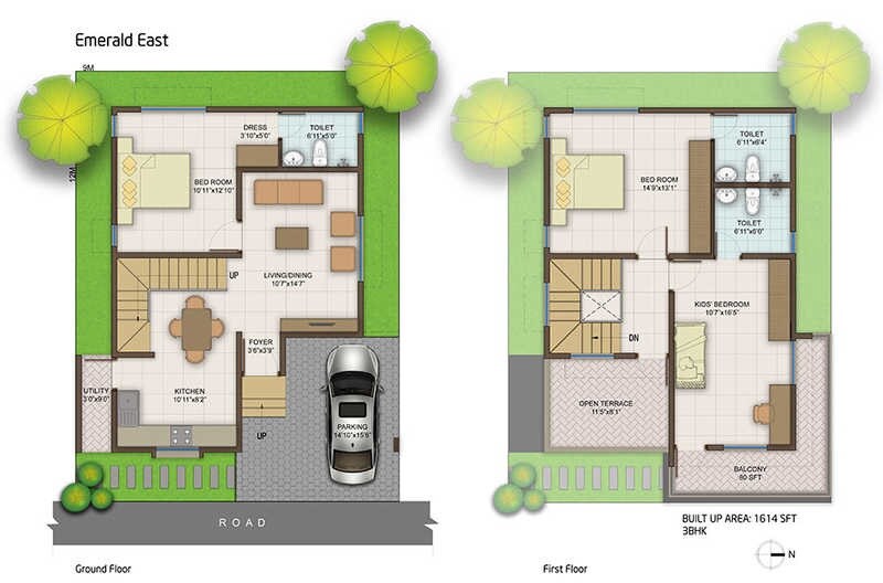 Floor plan of 3 BHK 1614 Sq. Ft. Villa in MBR Gem Park Villa, Bangalore