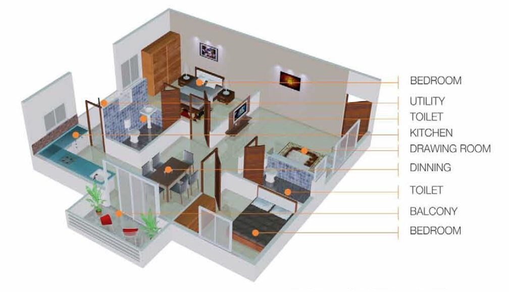 Floor plan of 2 BHK 1112 Sq. Ft. Apartment in MC  Sarovar, Bangalore