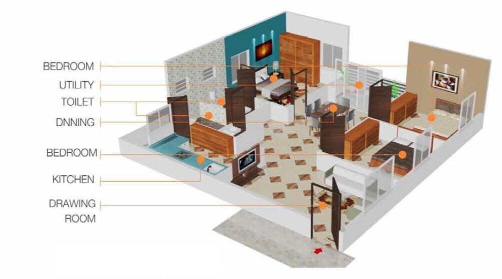 Floor plan of 3 BHK 1386 Sq. Ft. Apartment in MC  Sarovar, Bangalore