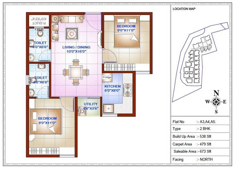 Floor plan of 2 BHK 673 Sq. Ft. Apartment in MDVR SV Shelters, Bangalore