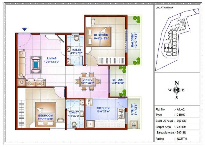 Floor plan of 2 BHK 996 Sq. Ft. Apartment in MDVR SV Shelters, Bangalore