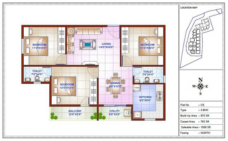 Floor plan of 3 BHK 1088 Sq. Ft. Apartment in MDVR SV Shelters, Bangalore