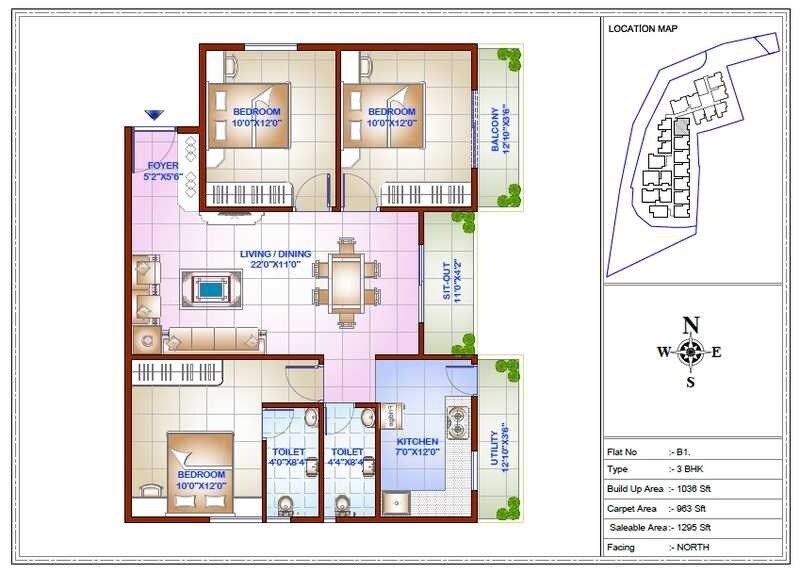 Floor plan of 3 BHK 1295 Sq. Ft. Apartment in MDVR SV Shelters, Bangalore