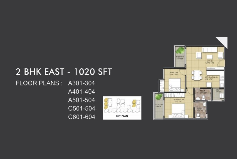 Floor plan of 2 BHK 1020 Sq. Ft. Apartment in Meda Eternity, Bangalore
