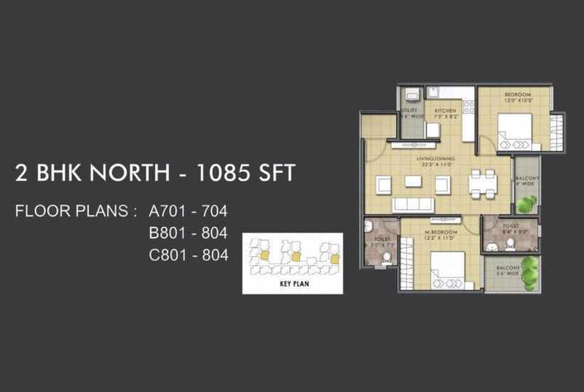 Floor plan of 2 BHK 1085 Sq. Ft. Apartment in Meda Eternity, Bangalore