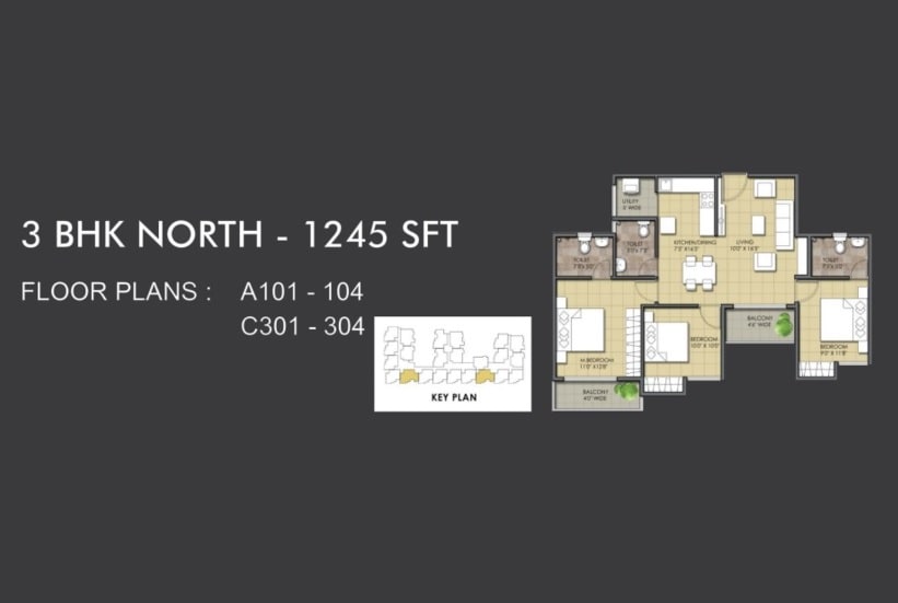 Floor plan of 3 BHK 1245 Sq. Ft. Apartment in Meda Eternity, Bangalore