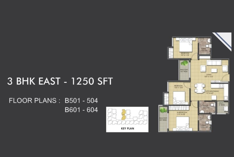 Floor plan of 3 BHK 1250 Sq. Ft. Apartment in Meda Eternity, Bangalore