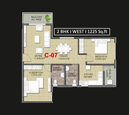 Floor plan of 2 BHK 1225 Sq. Ft. Apartment in Meda Greens, Bangalore
