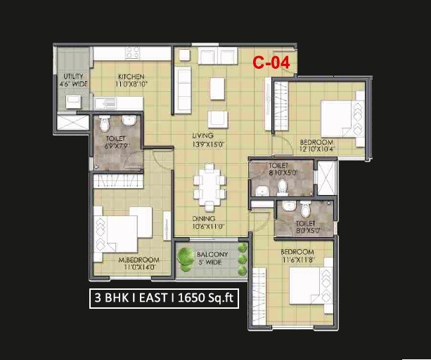 Floor plan of 3 BHK 1650 Sq. Ft. Apartment in Meda Greens, Bangalore