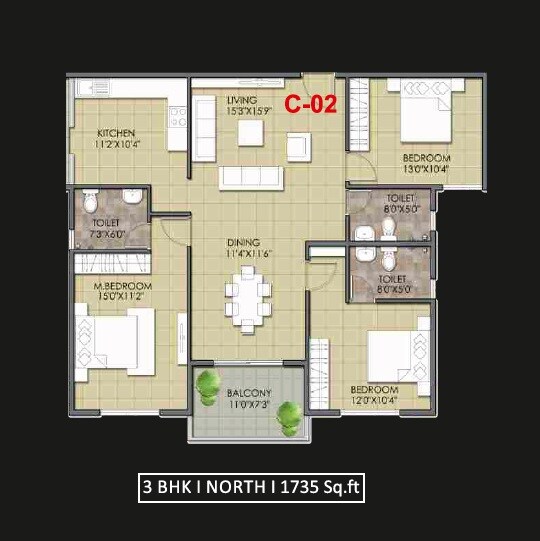 Floor plan of 3 BHK 1735 Sq. Ft. Apartment in Meda Greens, Bangalore