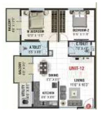 Floor plan of 2 BHK 1070 Sq. Ft. Apartment in Meenaakshi Gardenia, Bangalore