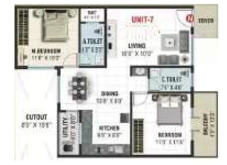 Floor plan of 2 BHK 1255 Sq. Ft. Apartment in Meenaakshi Gardenia, Bangalore