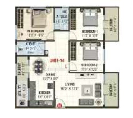Floor plan of 3 BHK 1390 Sq. Ft. Apartment in Meenaakshi Gardenia, Bangalore