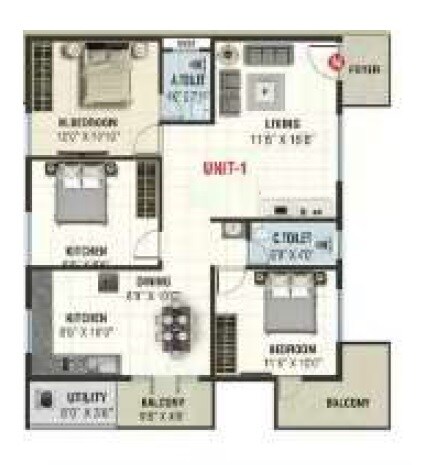 Floor plan of 3 BHK 1479 Sq. Ft. Apartment in Meenaakshi Gardenia, Bangalore