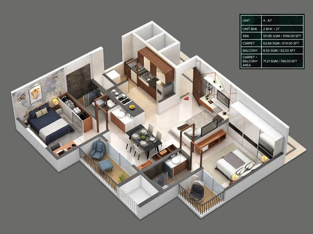Floor plan of 2 BHK 1096 Sq. Ft. Apartment in Meenakshi High Life Towers, Bangalore
