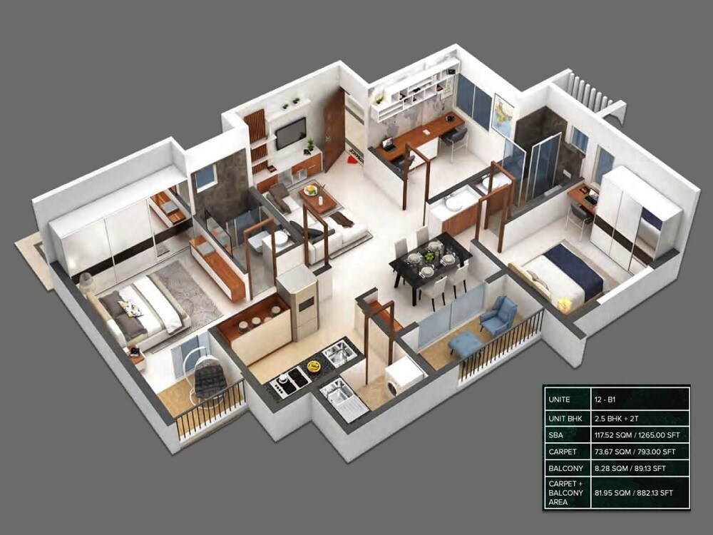 Floor plan of 2 BHK 1265 Sq. Ft. Apartment in Meenakshi High Life Towers, Bangalore