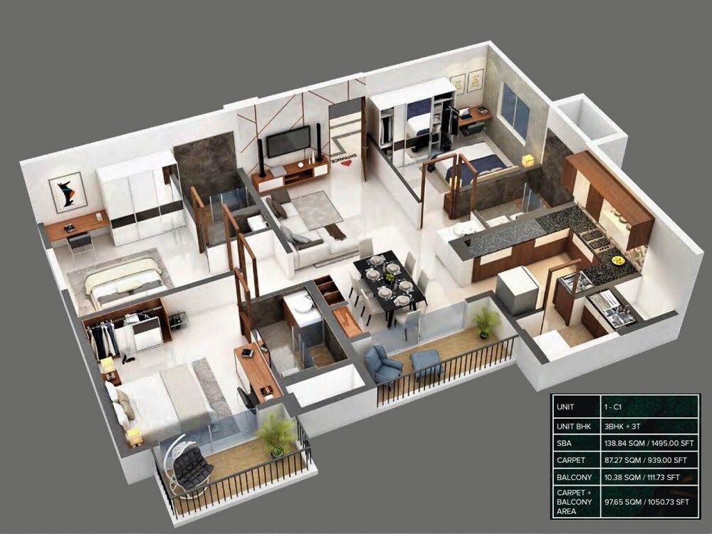 Floor plan of 3 BHK 1495 Sq. Ft. Apartment in Meenakshi High Life Towers, Bangalore