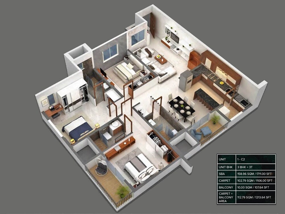 Floor plan of 3 BHK 1711 Sq. Ft. Apartment in Meenakshi High Life Towers, Bangalore