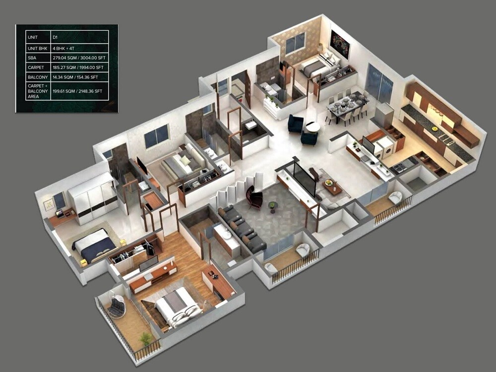 Floor plan of 4 BHK 3004 Sq. Ft. Apartment in Meenakshi High Life Towers, Bangalore