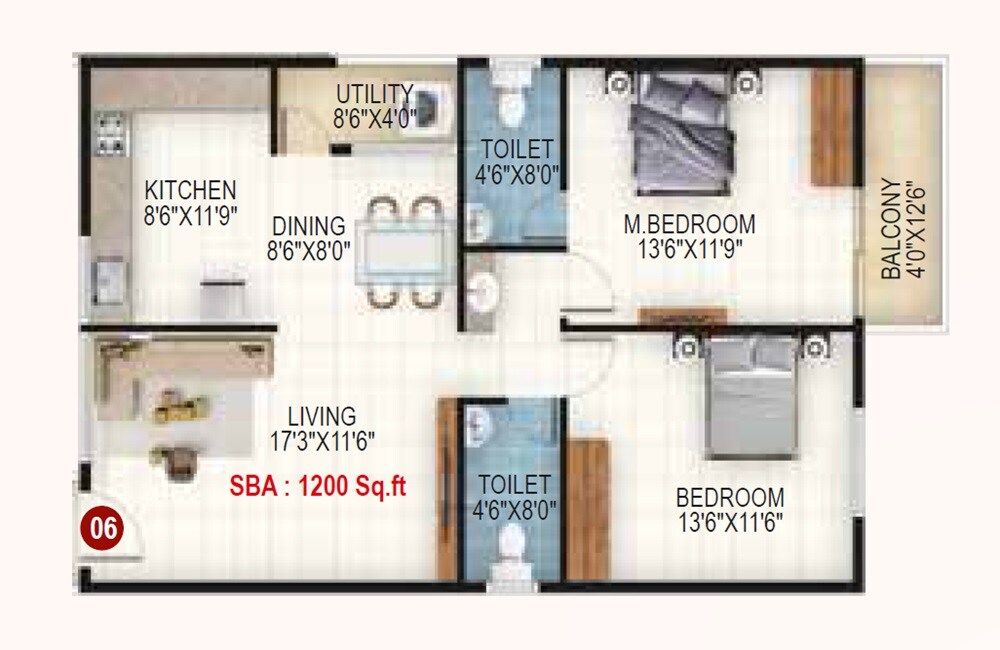 Floor plan of 2 BHK 1200 Sq. Ft. Apartment in Mega Sri Rama Enclave, Bangalore