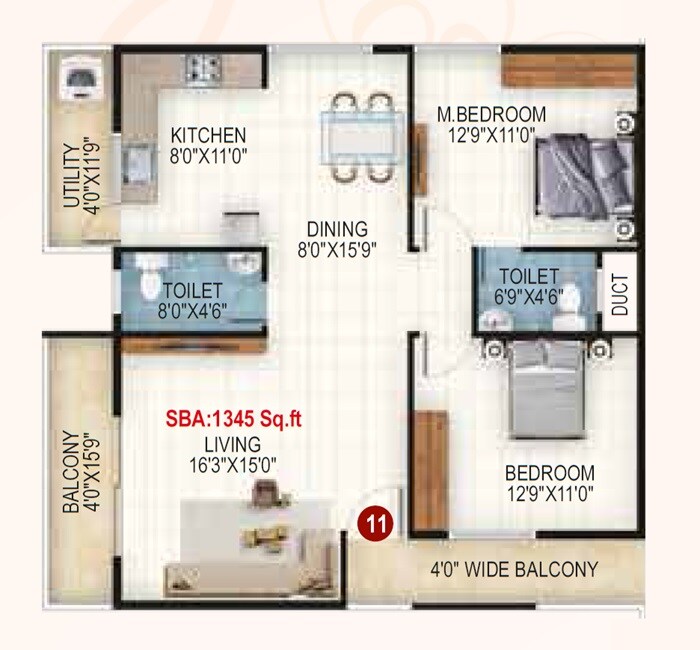 Floor plan of 2 BHK 1345 Sq. Ft. Apartment in Mega Sri Rama Enclave, Bangalore