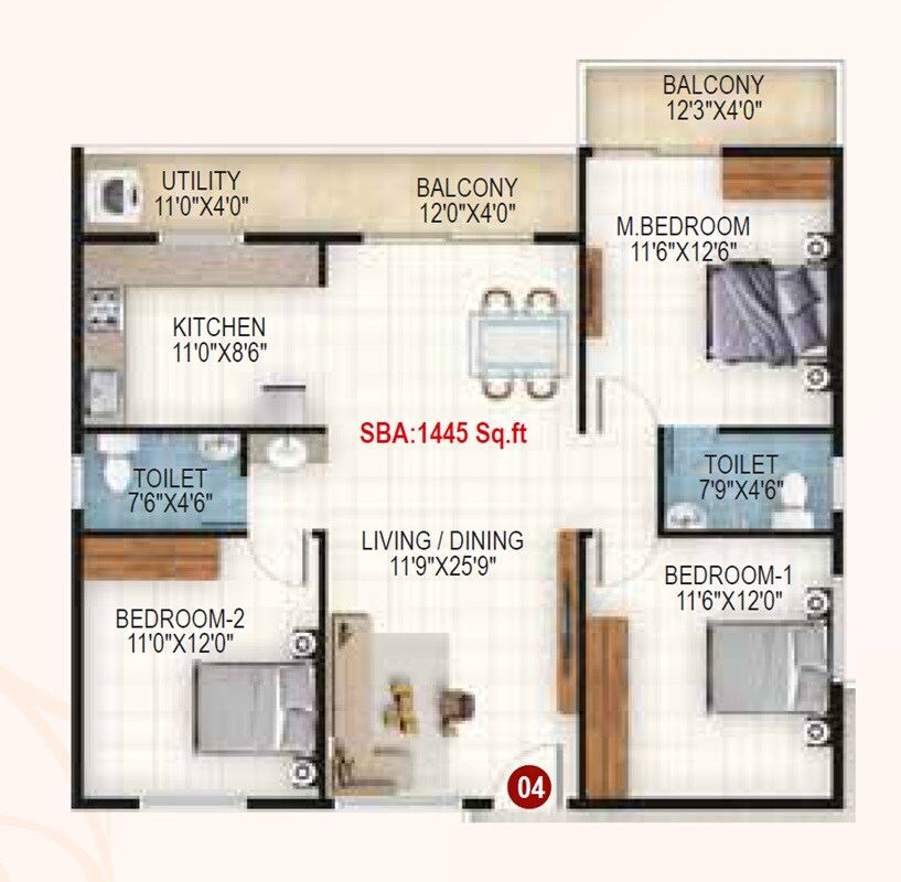 Floor plan of 3 BHK 1445 Sq. Ft. Apartment in Mega Sri Rama Enclave, Bangalore
