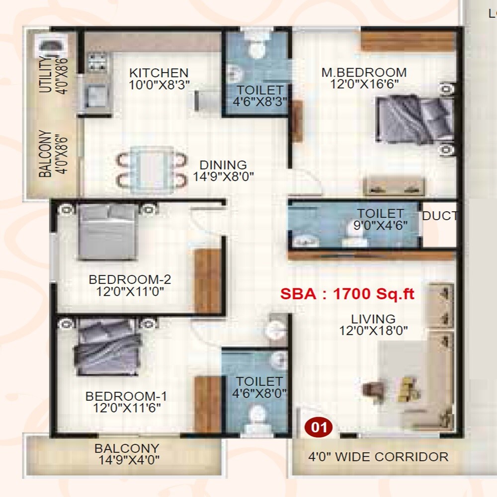 Floor plan of 3 BHK 1700 Sq. Ft. Apartment in Mega Sri Rama Enclave, Bangalore