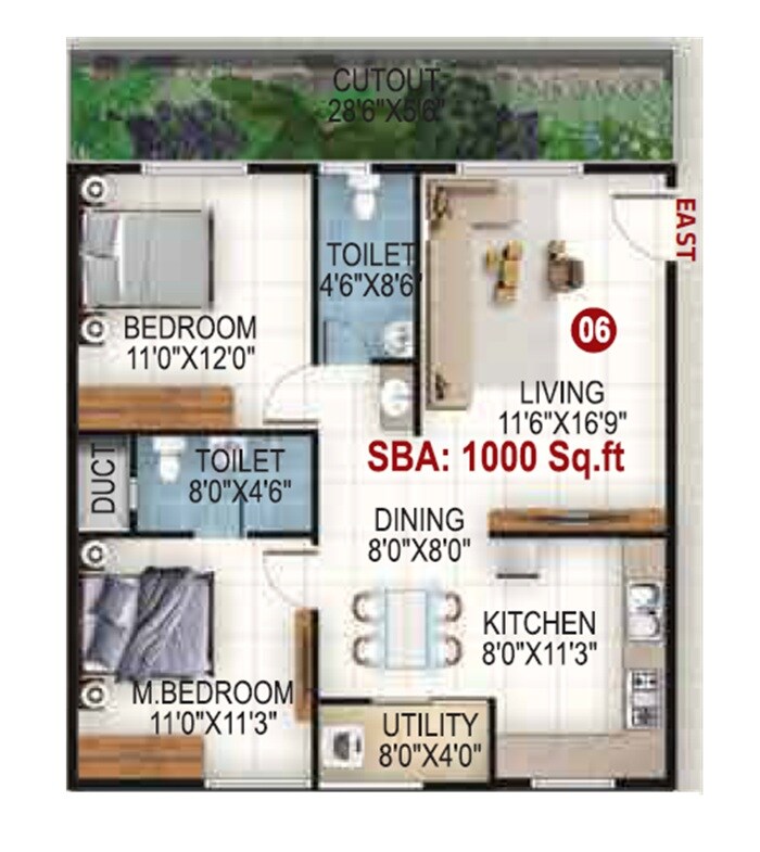 Floor plan of 2 BHK 1000 Sq. Ft. Apartment in Megha Royal Enclave, Bangalore