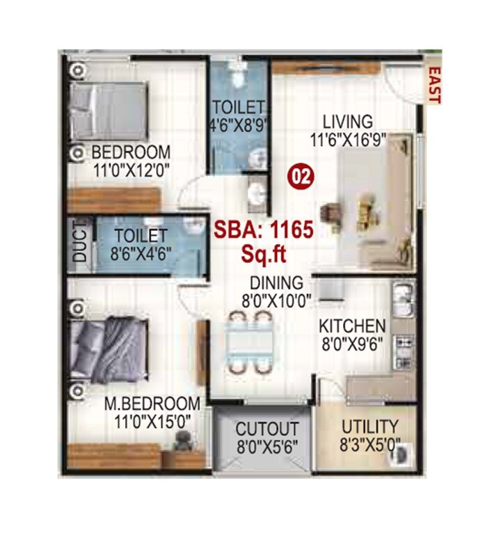 Floor plan of 2 BHK 1165 Sq. Ft. Apartment in Megha Royal Enclave, Bangalore