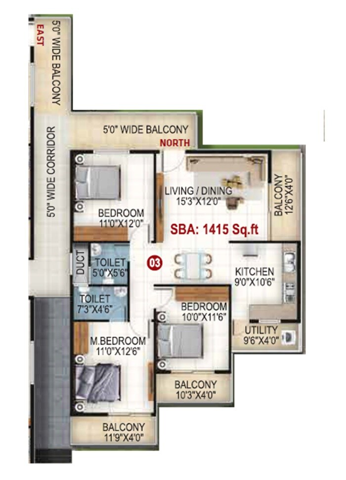 Floor plan of 3 BHK 1415 Sq. Ft. Apartment in Megha Royal Enclave, Bangalore
