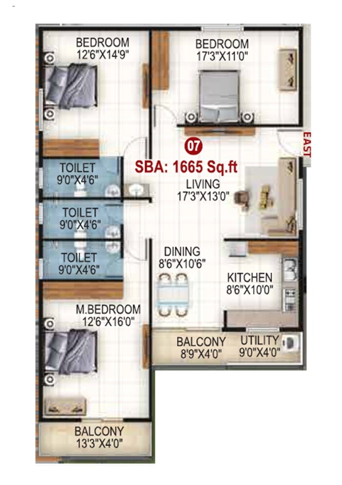Floor plan of 3 BHK 1665 Sq. Ft. Apartment in Megha Royal Enclave, Bangalore